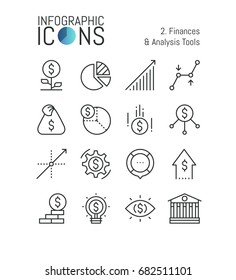 Set of thin line icons, finances and analysis tools: accounting, income growth, budget planning, taxation, money saving, monetary policy. Vector illustration for website, banner, presentation, report.