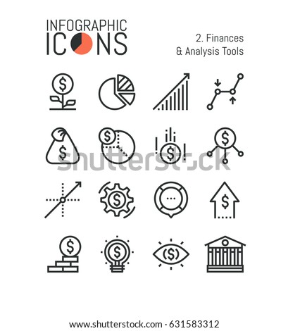 Set of thin line icons, finances and analysis tools: accounting, income growth, budget planning, taxation, money saving, monetary policy. Vector illustration for website, banner, presentation, report.