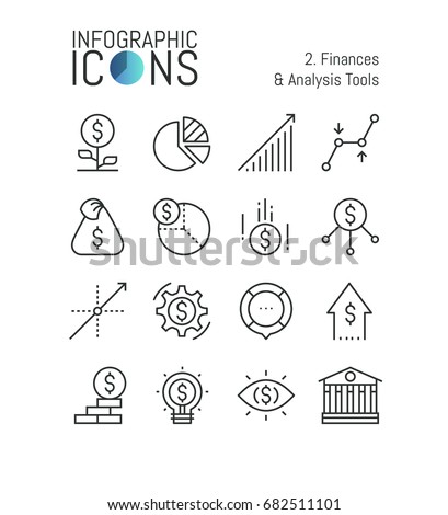 Set of thin line icons, finances and analysis tools: accounting, income growth, budget planning, taxation, money saving, monetary policy. Vector illustration for website, banner, presentation, report.