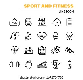 Set of Thin line icons Fitness and Sport. Collection Outline symbol fitness, gym and health care