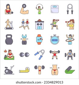 Set of Thin line icons Fitness. Collection Outline symbol fitness, gym and health care, vector illustration on white background