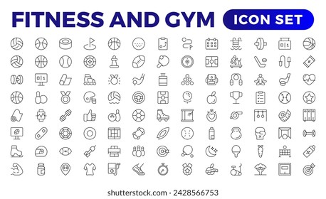 Set of Thin line icons Fitness and Sport. Collection Outline fitness, gym health care. Healthy lifestyle set. Active life - organic food, time management, scales, bicycle, hiking. Outline icon set.