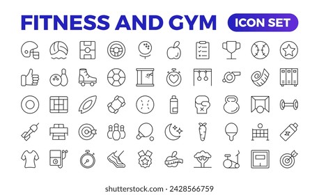 Set of Thin line icons Fitness and Sport. Collection Outline fitness, gym health care. Healthy lifestyle set. Active life - organic food, time management, scales, bicycle, hiking. Outline icon set.