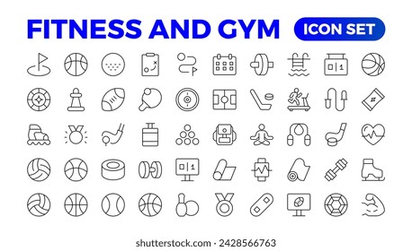 Set of Thin line icons Fitness and Sport. Collection Outline fitness, gym health care. Healthy lifestyle set. Active life - organic food, time management, scales, bicycle, hiking. Outline icon set.