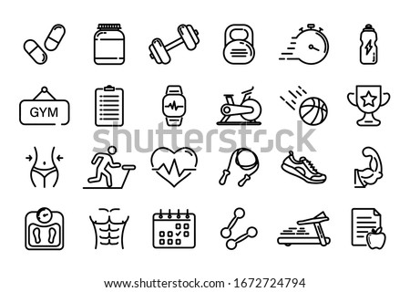 Set of Thin line icons Fitness and Sport. Collection Outline symbol fitness, gym and health care