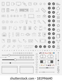 Set of Thin Line Icons and Flat Design Interface Elements. Mobile Phones, Tablet PC, Marketing Technologies, Mobile Apps and Money Management. Concept Icons for Web Design. Buttons and Borders.