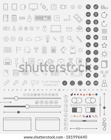 Set of Thin Line Icons and Flat Design Interface Elements. Mobile Phones, Tablet PC, Marketing Technologies, Mobile Apps and Money Management. Concept Icons for Web Design. Buttons and Borders.