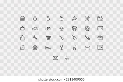 Set of thin line icons for food, travel, shopping and home