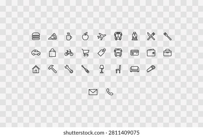 Set of thin line icons for food, travel, shopping and home