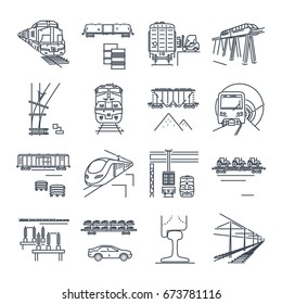 set of thin line icons freight and passenger rail transport, railway, train, terminal, locomotive