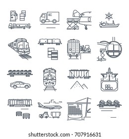 set of thin line icons freight transport process, goods and cargo, ship, train, airplane