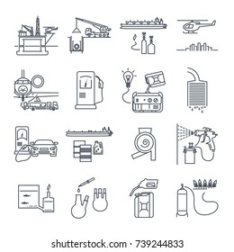 set of thin line icons fuel, gas, oil transport, production, industry