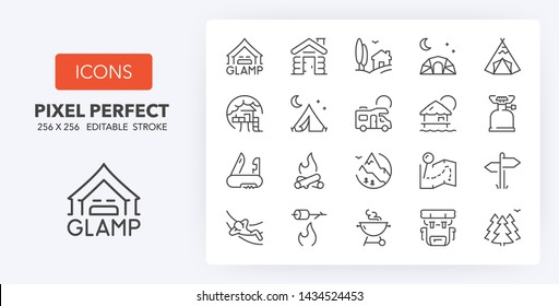 Set of thin line icons of glamping, and camping. Outline symbol collection. Editable vector stroke. 256x256 Pixel Perfect scalable to 128px, 64px...