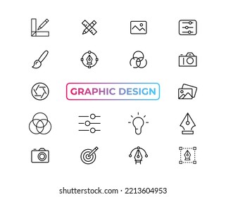 Set von dünnen Linien-Symbolen für Grafikdesign. Einfache lineare Symbole in einer modernen Wohnung, kreativer Prozess. Grafikdesign, kreatives Paket, stationäre Software und einfachere Benutzeroberfläche, UX-Vektorsymbole
