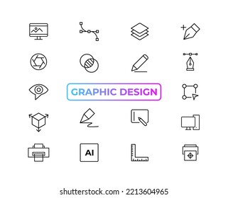 Set of thin line icons of graphic design. Simple linear icons in a modern style flat, Creative Process. Graphic design, creative package, stationary, software and more simple UI, UX vector icons
