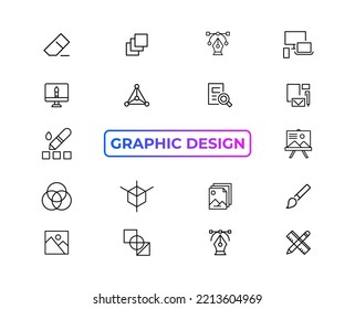 Set of thin line icons of graphic design. Simple linear icons in a modern style flat, Creative Process. Graphic design, creative package, stationary, software and more simple UI, UX vector icons
