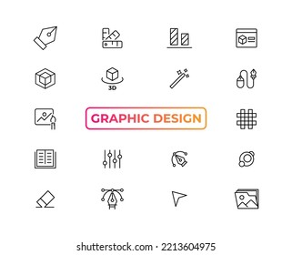 Set of thin line icons of graphic design. Simple linear icons in a modern style flat, Creative Process. Graphic design, creative package, stationary, software and more simple UI, UX vector icons

