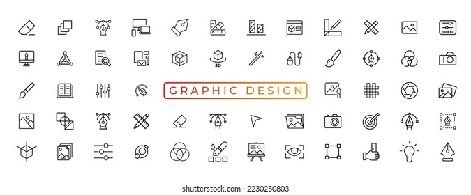 Set of thin line icons of graphic design. Simple linear icons in a modern style flat, Creative Process. Graphic design, creative package, stationary, software and more simple UI, UX vector icons
