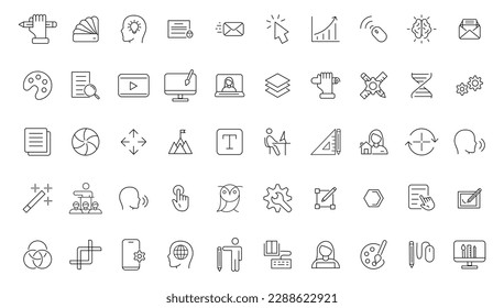 Set of thin line icons of graphic design. Simple linear icons in a modern style flat, Creative Process. Graphic design, creative package, stationary, software.
