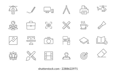 Conjunto de iconos de línea delgada del diseño gráfico. Iconos lineales simples en un estilo moderno plano, proceso creativo. Diseño gráfico, paquete creativo, estacionario, software.
