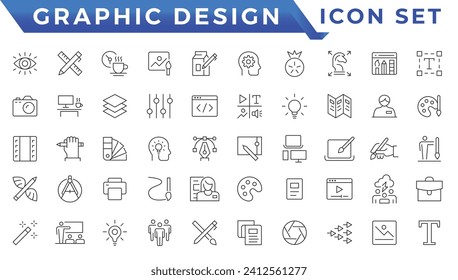 Conjunto de iconos de línea delgada del diseño gráfico. Iconos lineales simples en un estilo moderno plano, proceso creativo. Diseño gráfico, paquete creativo, estacionario, software y más