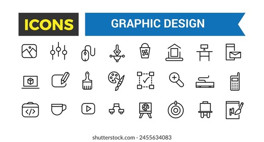 Set Of Thin Line Icons Of Graphic Design, Icons In A Modern Style Flat, Creative Process, Graphic Design, Creative Package, Stationary, Software, Vector Illustration