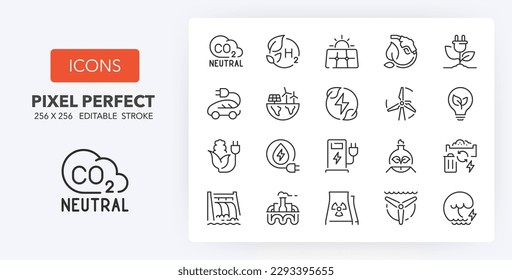 Set of thin line icons of green energy and ecology concepts. Outline symbol collection. Editable vector stroke. 256x256 Pixel Perfect scalable to 128px, 64px...