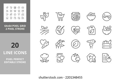 Set of thin line icons of healthy, organic food and diet. Outline symbol collection. Editable vector stroke. 64 and 256 Pixel Perfect scalable to 128px