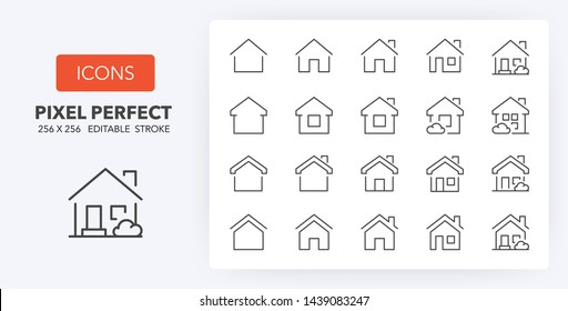 Set of thin line icons of homes and real estate. Outline symbol collection. Editable vector stroke. 256x256 Pixel Perfect scalable to 128px, 64px...