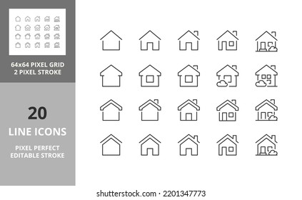 Set of thin line icons of homes and real estate. Outline symbol collection. Editable vector stroke.  64 and 256 Pixel Perfect scalable to 128px