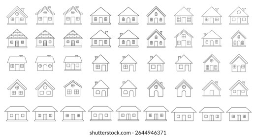 Conjunto de iconos de línea delgada de casas y bienes raíces. Colección de símbolo de contorno. Trazo de Vector editable. Icono de Web para App y Sitios web. Colección de iconos de casa. Símbolo de la casa. contorno y estilo de trazo. 