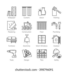 A set of thin line icons for house design, repair, construction, decoration, renovation. Including tolls, activities and objects