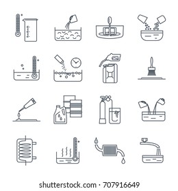 set of thin line icons household chemicals, tool, process