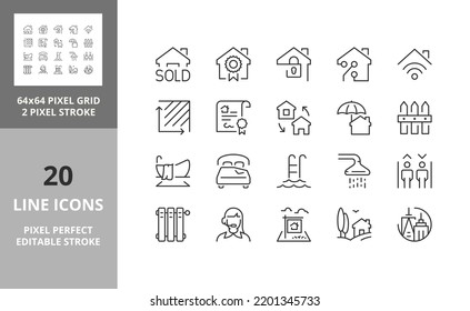 Set of thin line icons of houses and real estate services. Outline symbol collection. Editable vector stroke. 64 and 256 Pixel Perfect scalable to 128px