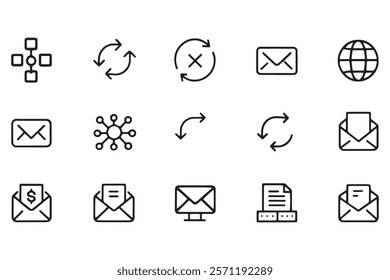 Set of thin line icons illustrating exchange concepts including currency, email, and global connections in a modern editable stroke design