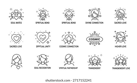 Um conjunto de ícones de linha fina ilustrando conceitos de amor espiritual e conexão. Inclui símbolos para almas gêmeas, conexão divina e amor sagrado em um fundo branco.