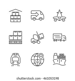 set of thin line icons isolated for logistics and transport
