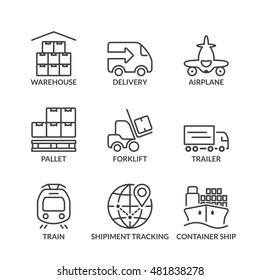 set of thin line icons isolated for logistics and transport