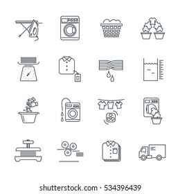 set of thin line icons laundry service production process