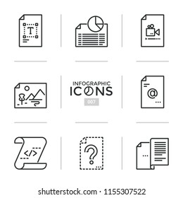 Set of thin line icons or linear pictograms - computer files or electronic documents of different types, digital information or data formats. Modern vector illustration for presentation, website.