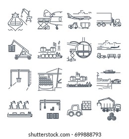 set of thin line icons loading and unloading of goods, handling, warehousing