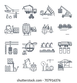 set of thin line icons loading and unloading of goods, handling, storage