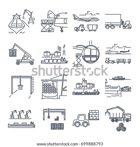 set of thin line icons loading and unloading of goods, handling, warehousing
