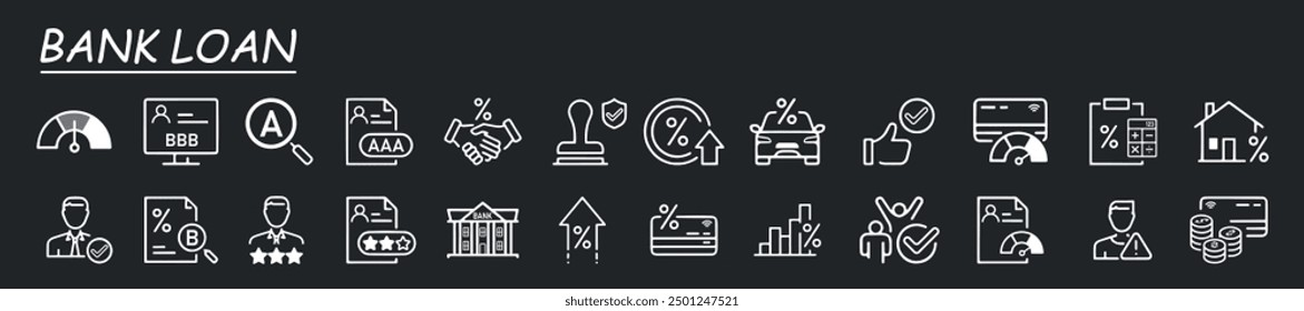 Set of thin line icons of loan and credit rating. Outline symbol collection.	