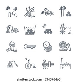 set of thin line icons logging production process