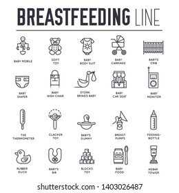 Set of thin line icons, logos about breastfeeding and childhood objects isolated on white. Childcare outline pictograms collection. Baby-minding vector elements for infographic, web.