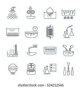 set of thin line icons manufacture of beverages production process