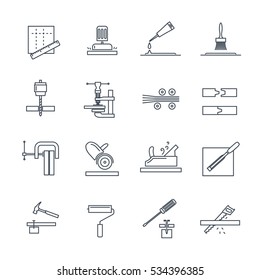 set of thin line icons manufacture of products of wood production process