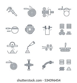 set of thin line icons manufacture of wood production process, sawmilling of wood