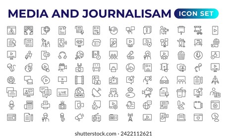Set of thin line icons news, mass media, and fake news. Outline symbol collection. related to media, and networking. icon. Outline icon collection.